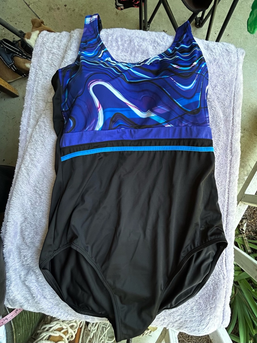 Swimsuits For All Black One-Piece with Blue Marble Print Top